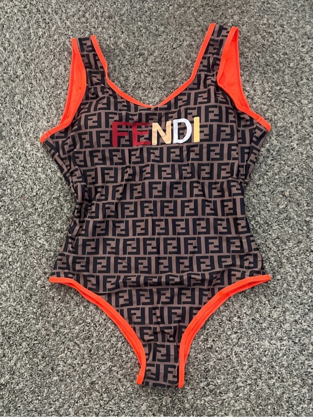Fendi Orange-Trim Logo One-Piece Swimsuit